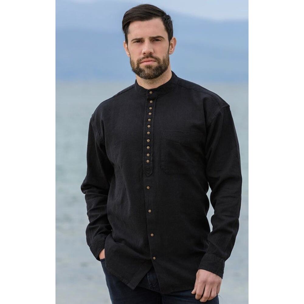 Aran Sweater Market Shirt Men XL Cotton Hemp Irish Grandfather Oversize black